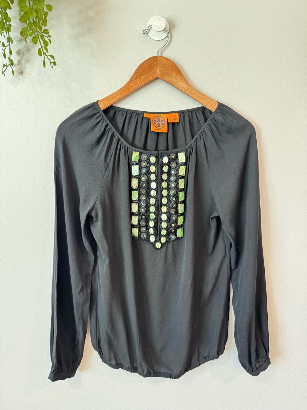 Tory Burch Black Long-Sleeve Beaded Front Panel Top Sz 2